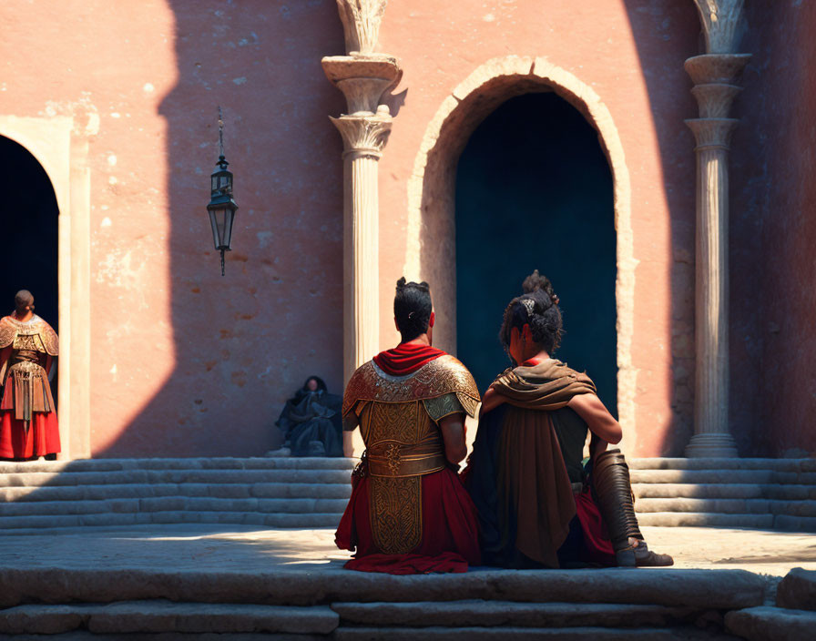 Ancient Roman figures conversing on stone steps with columns and archway.