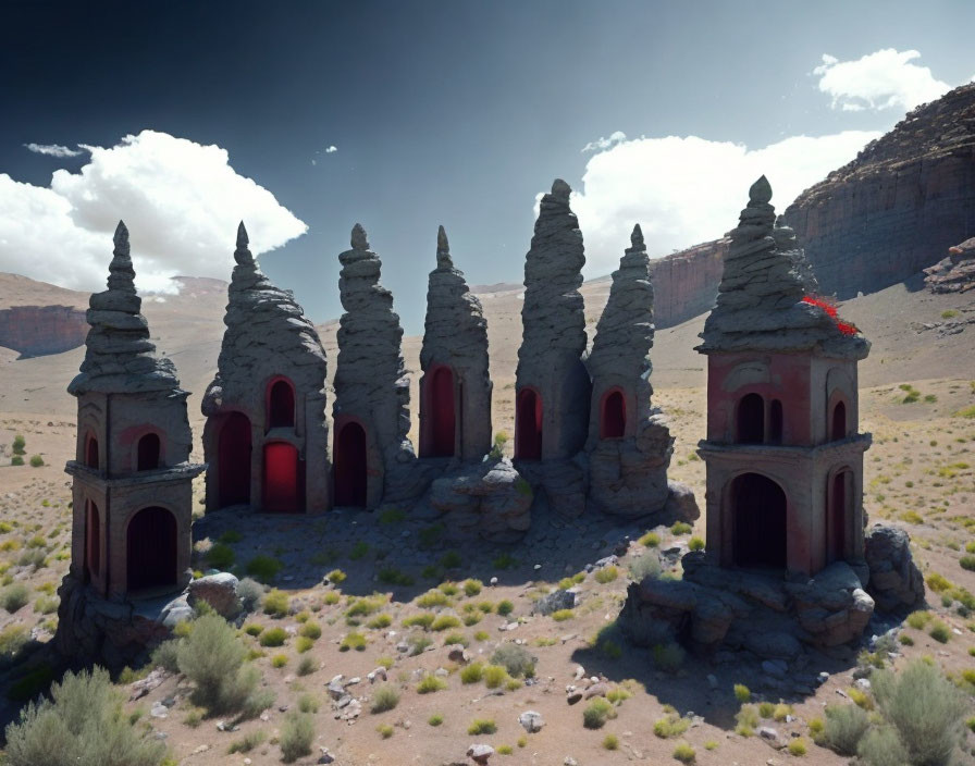 Ancient ornate towers with red doors in desert landscape