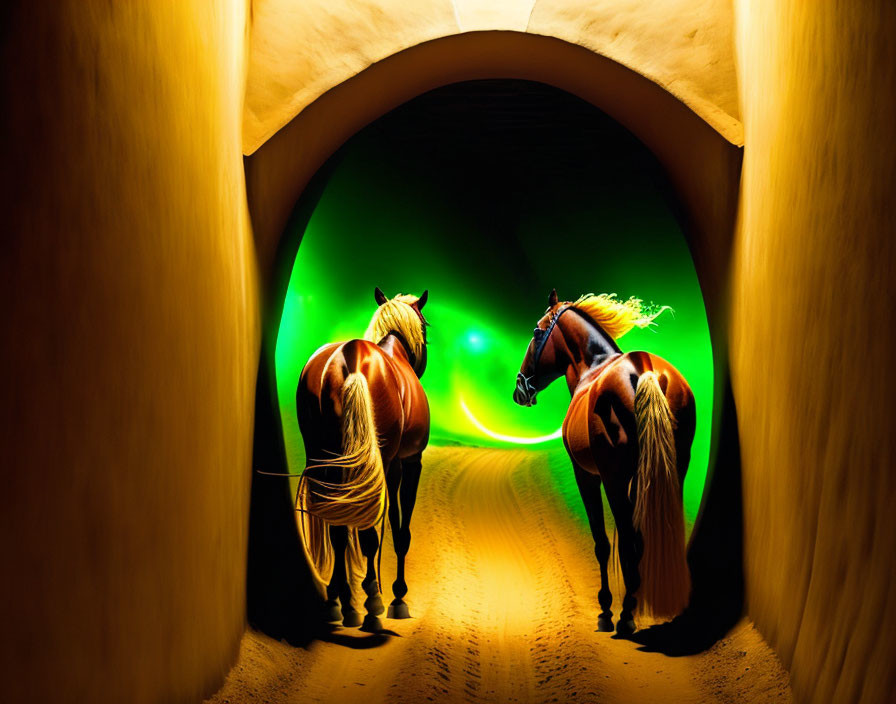 Glowing manes on two horses in tunnel with green light