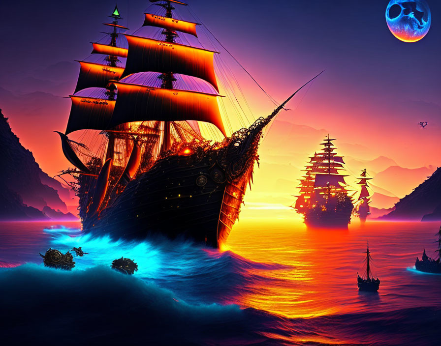 Glowing outline sailing ships on vibrant ocean at sunset