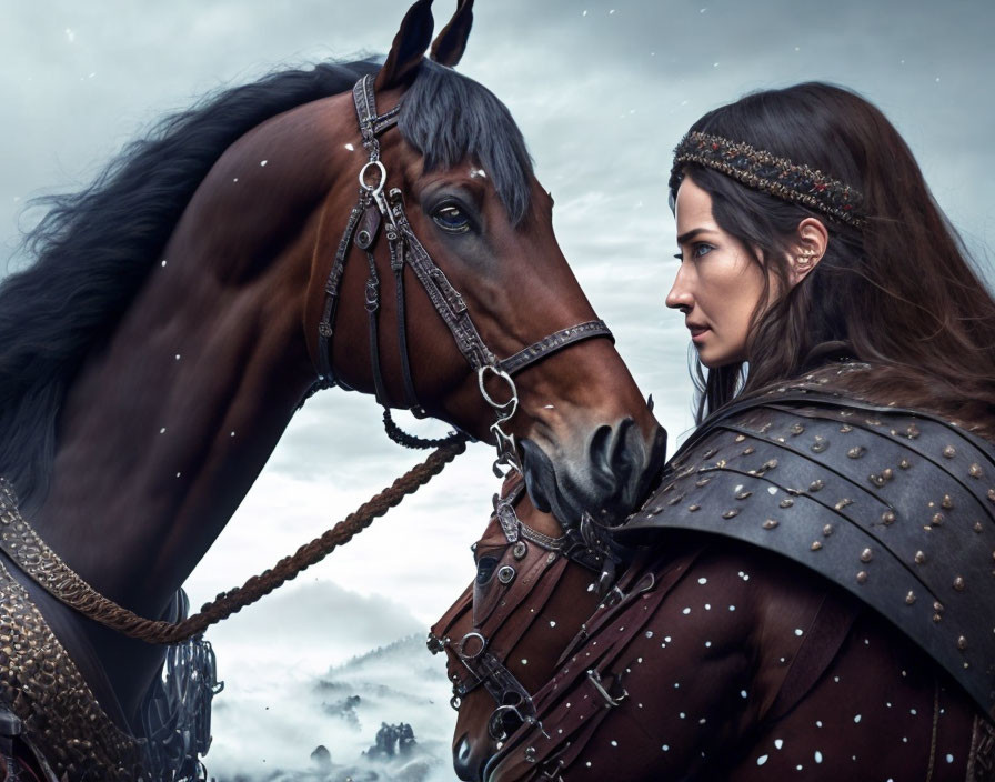 Medieval armor-clad woman gazes at horse in cloudy battlefield setting