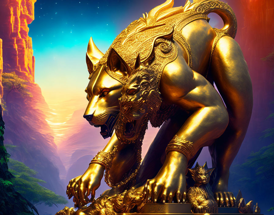 Golden Wolf Statue on Rocky Landscape Under Starry Sky