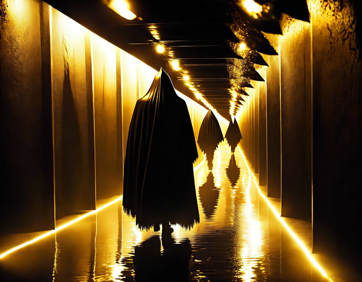 Cloaked Figure in Symmetrical Illuminated Corridor