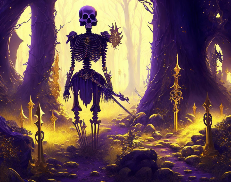 Enchanted forest with giant skeleton, glowing flora, and ethereal lighting