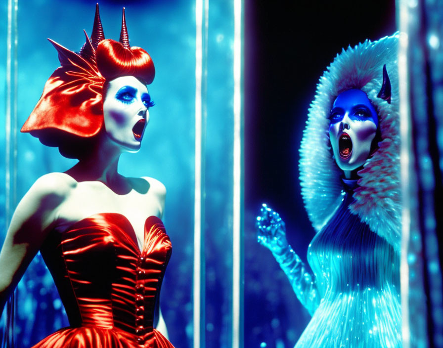 Two Women in Colorful Avant-Garde Costumes with Dramatic Makeup and Expressions