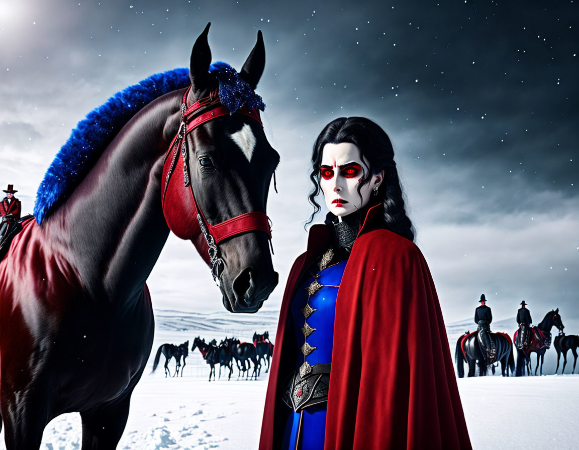 Person in red cape with vampire-like makeup beside horse with matching headdress, riders under starry sky