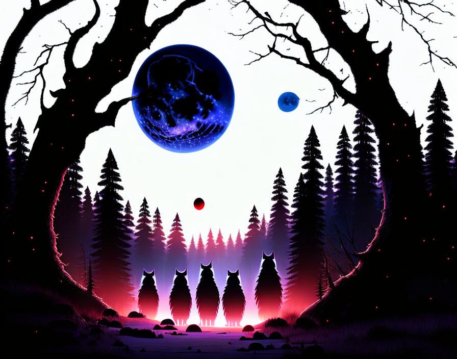 Silhouetted trees in fantasy landscape with red sky, blue planet, red moon, and blue