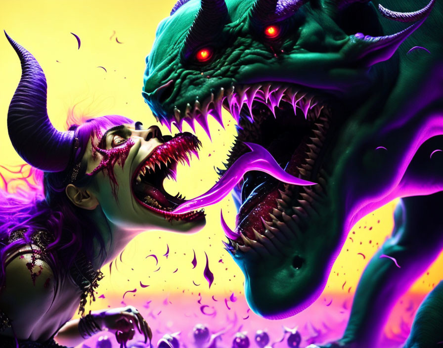 Fantasy artwork: Woman with demonic features roaring at green dragon under dramatic lighting