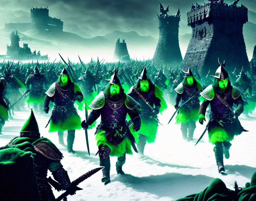 Stylized fantasy dwarves in armor marching in snowy landscape