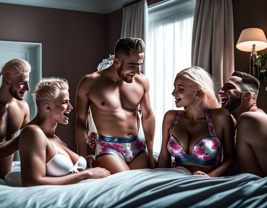 Cheerful people in swimwear laughing in stylish bedroom