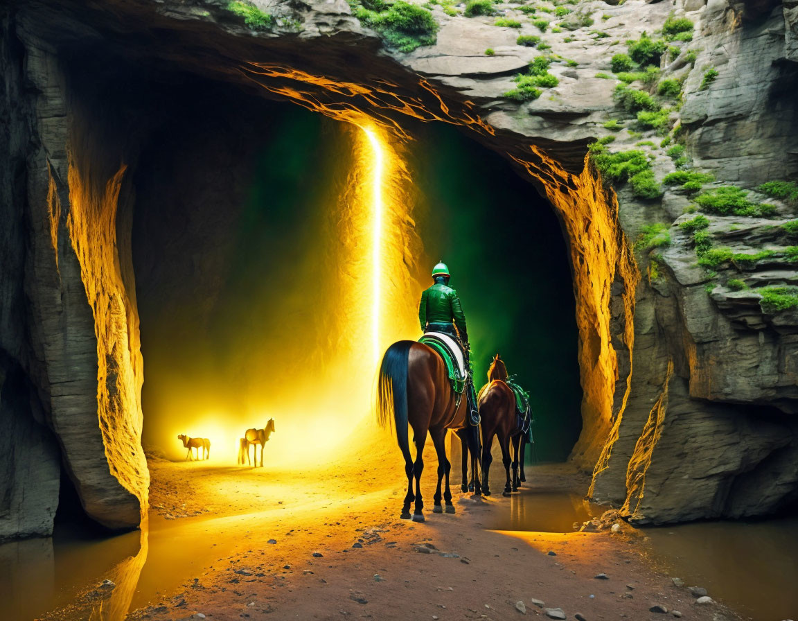 Historical figure on horse leads two others through sunlit cave with wild horses outside