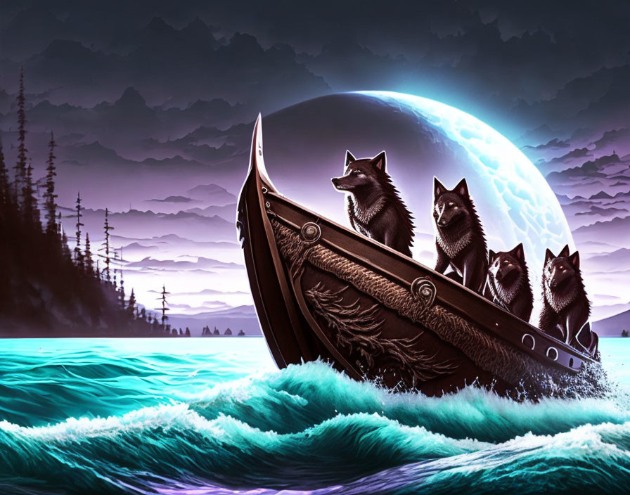 Fantasy illustration of wolves on a boat at night with full moon.