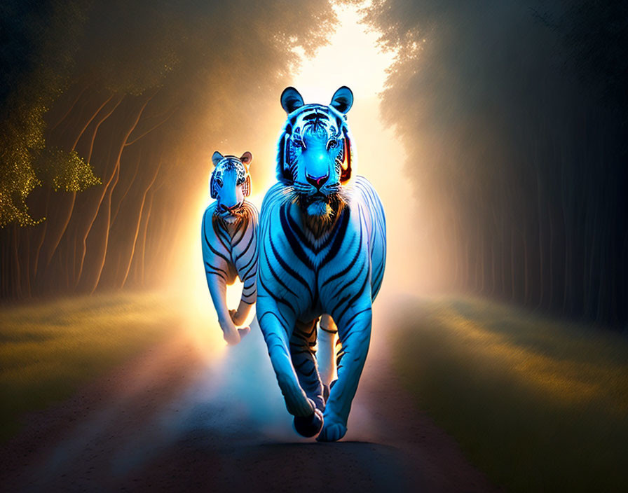 Glowing striped tigers in mystical forest light