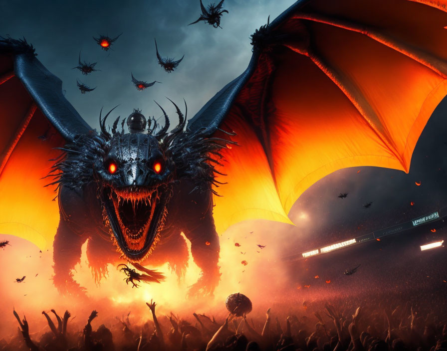 Glowing red-eyed dragon breathing fire with orange wings in dark sky