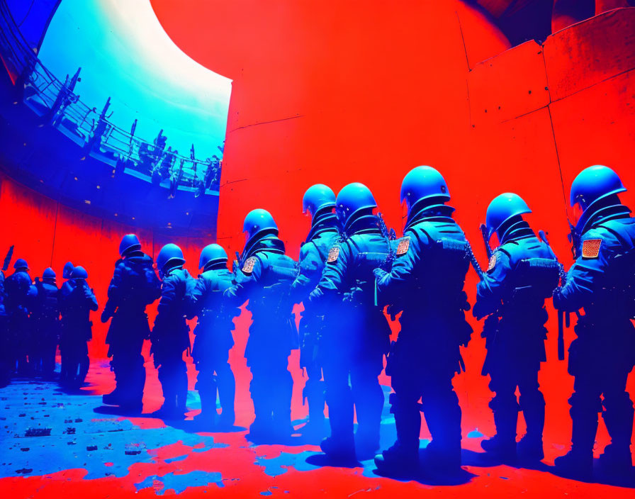 Riot police in full gear under red and blue lighting