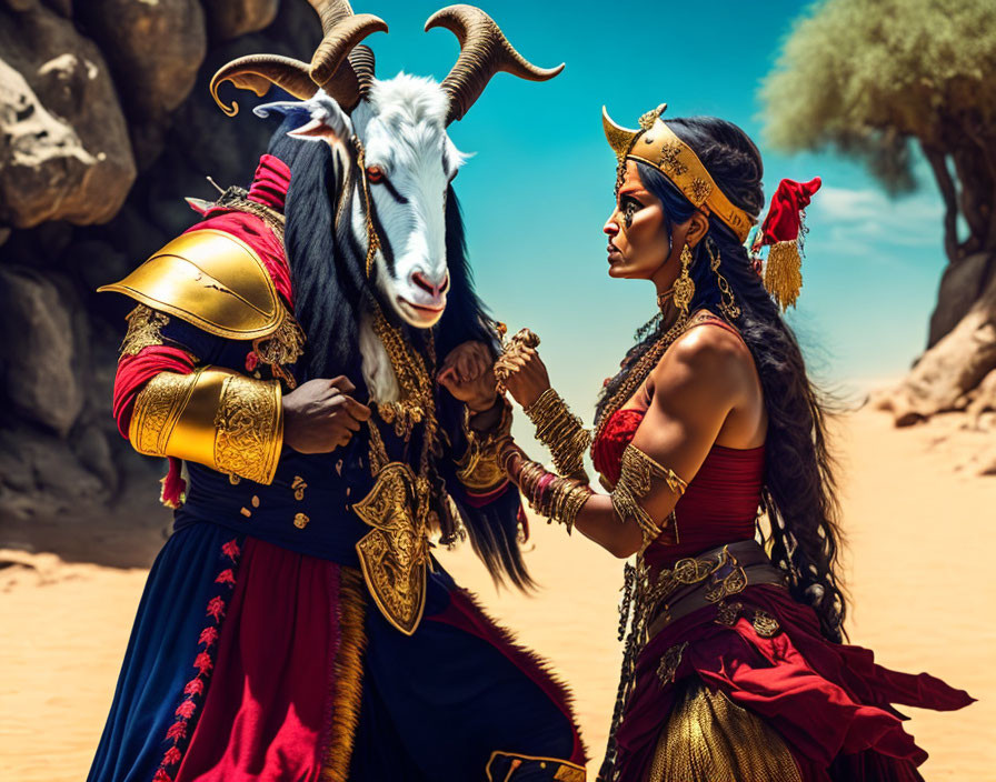 Fantasy characters in ornate armor face off in sandy desert scene