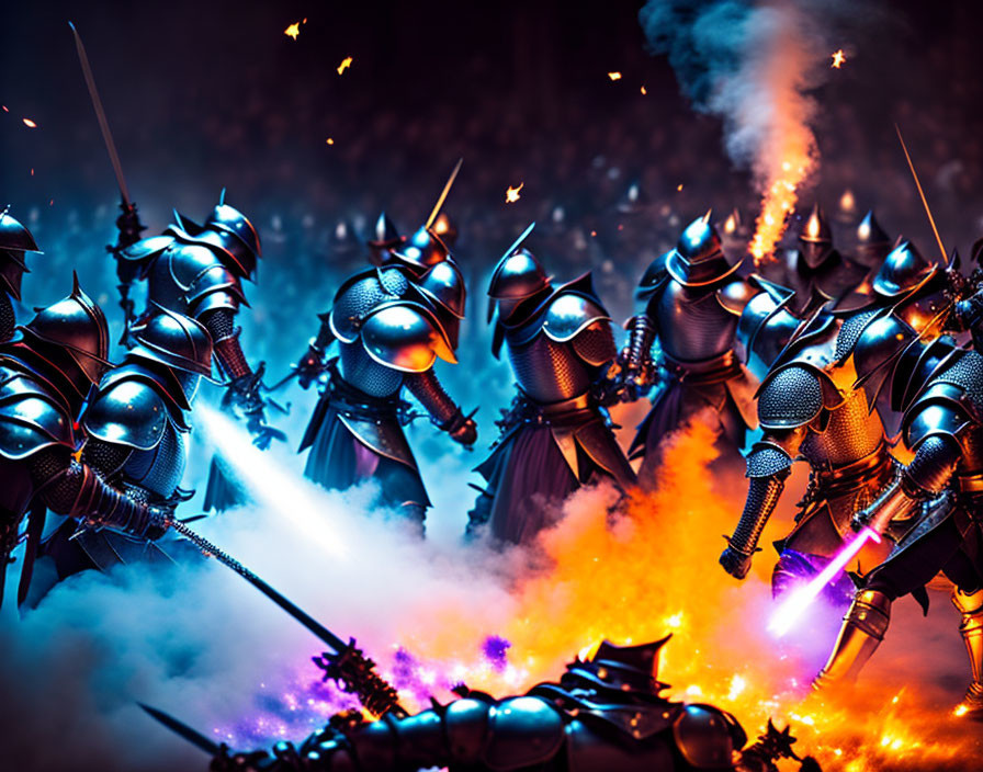 Medieval knights in armor with weapons charging through sparks and smoke.