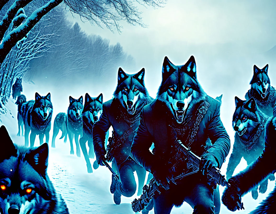 Illustrated wolves with intense blue eyes in military gear in snowy landscape