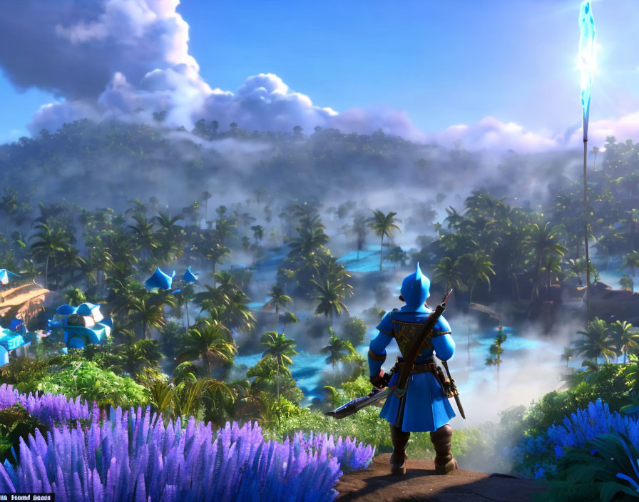 Warrior in Blue Armor Overlooking Fantasy Landscape