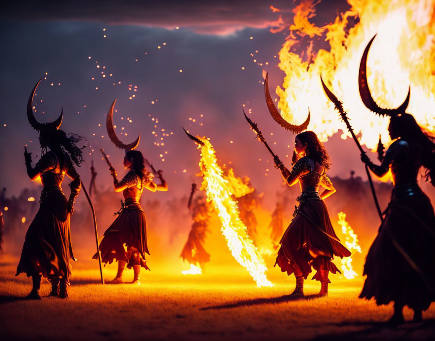 Traditional costume dancers with horns perform ritualistic dance around fire at dusk