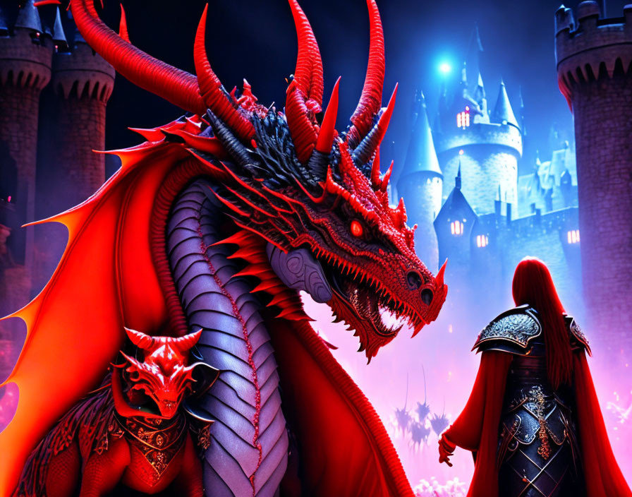 Red Dragon and Armored Warrior Face Castle in Purple Sky