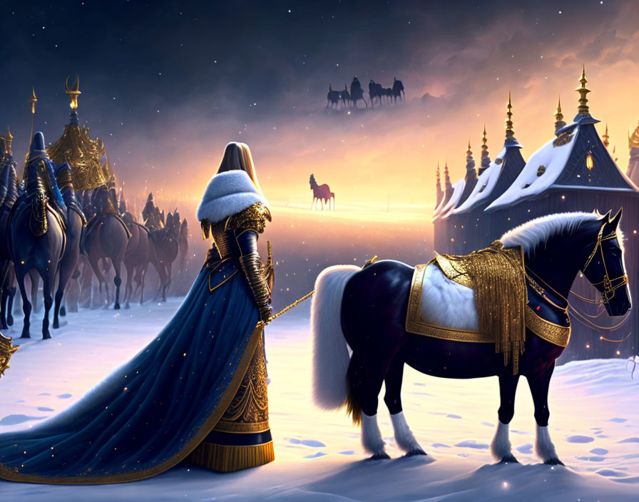 Robed Figure with Horse in Snowy Landscape at Dusk