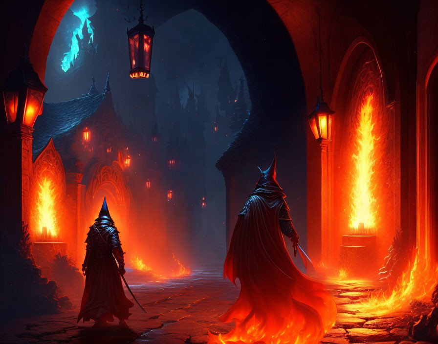 Mysterious cloaked figures in fiery Gothic corridor with castle and lanterns