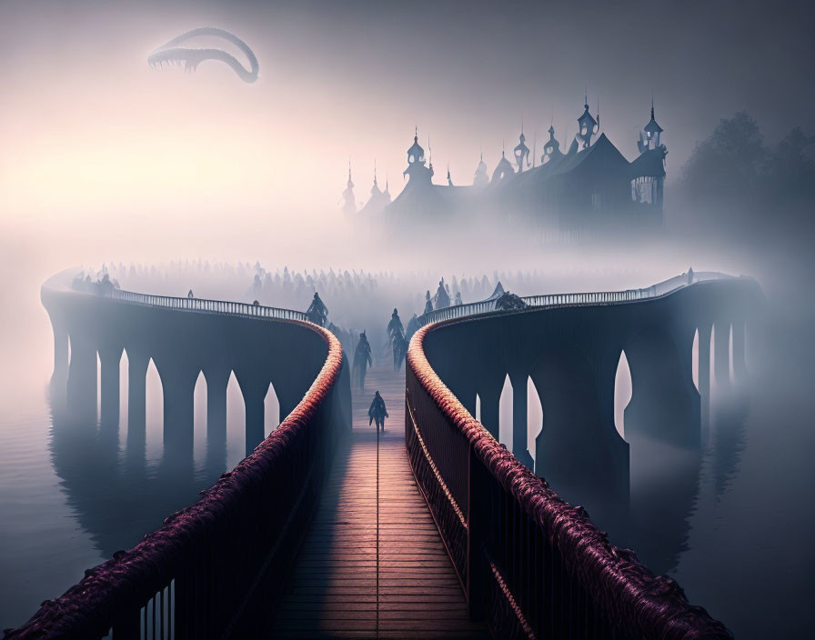 Person walking on curved bridge towards foggy traditional buildings with paraglider in misty background.