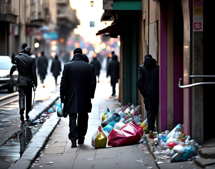 Urban scene with people walking past garbage bags on city street