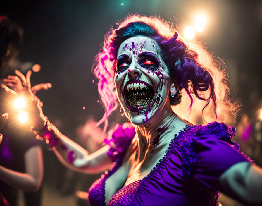 Woman with dramatic skeleton makeup and purple dress at festive event