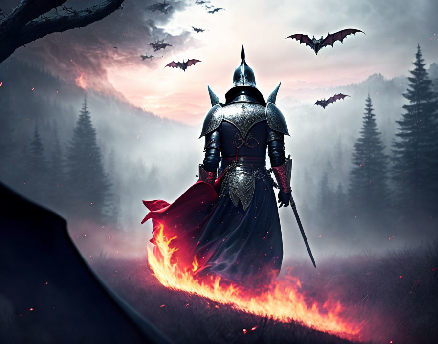 Armored knight faces fiery crevasse in misty forest with flying bats