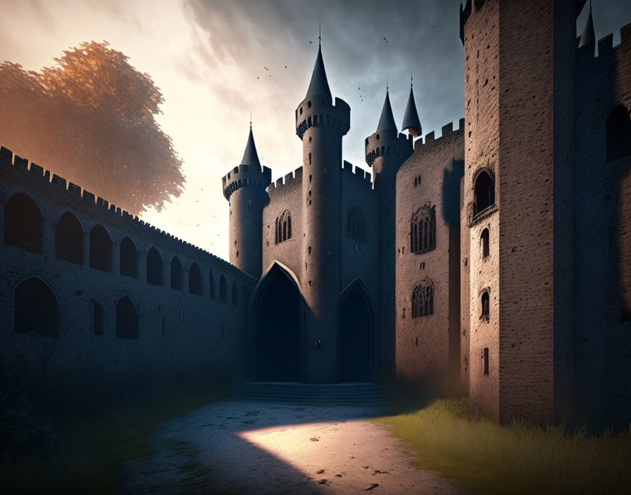 Medieval castle with tall towers and arched entrance at sunset.