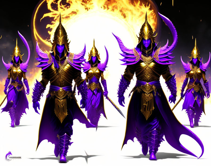 Four identical fantasy armored warriors with purple capes and golden/violet details standing before a fiery orb