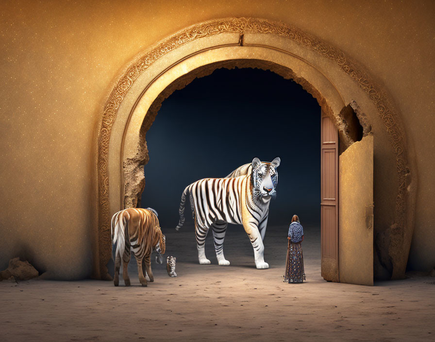 Child faces large tiger and cub in surreal sandy scene