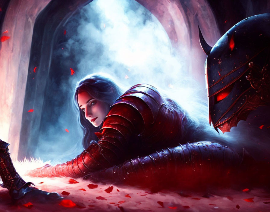 Female warrior in red armor smiling mysteriously, lying near gothic archway