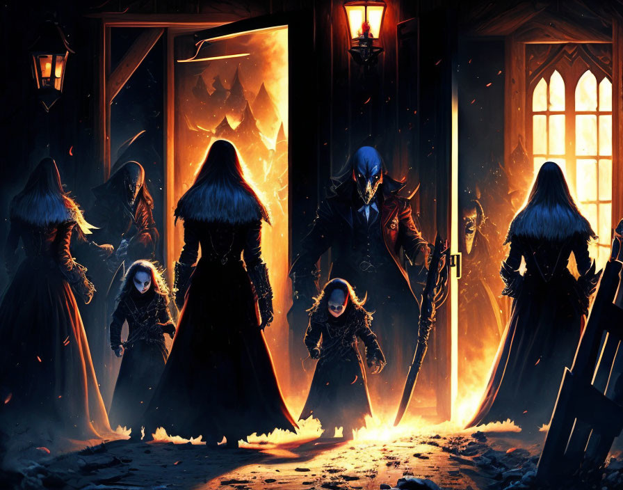 Mysterious cloaked figures in front of warmly lit doorway at snowy castle