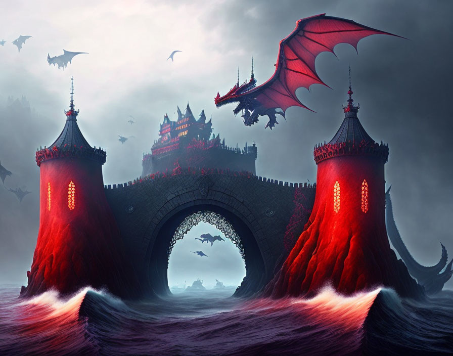 Gothic fantasy castle with red windows, arched bridge, dragons, stormy sky