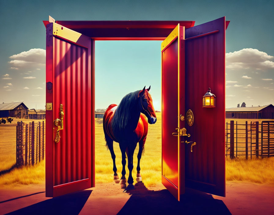 Sunlit Field Viewed Through Open Red Door: Horse Symbolizes Opportunity