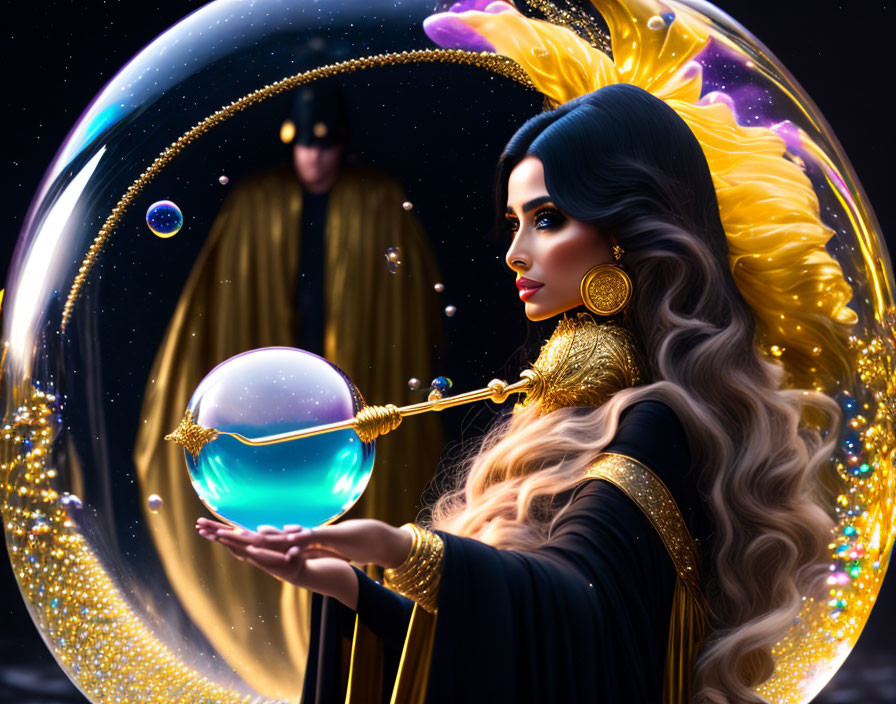 Mystical woman with golden headwear conjures glowing orb beside cloaked figure