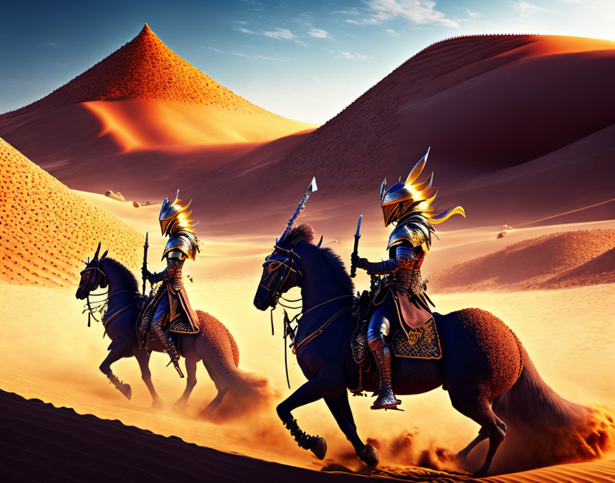 Armored warriors on horseback crossing vast desert landscape