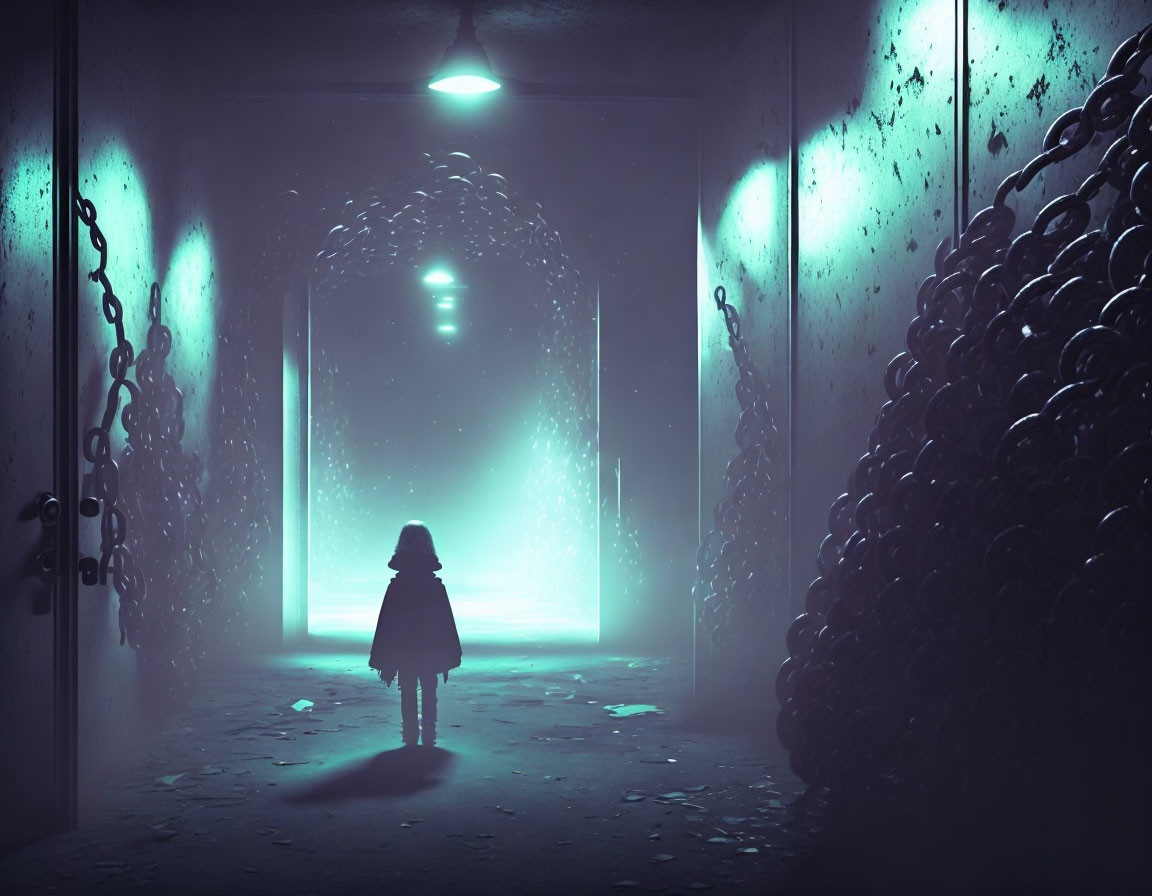 Child silhouette in dimly lit hallway with chains and glowing portal