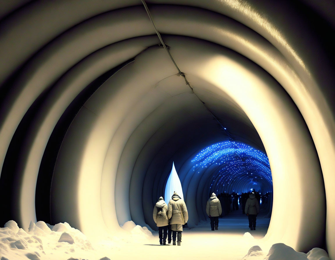 Snow-covered tunnel with concentric circles and starry light display