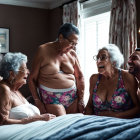 Cheerful people in swimwear laughing in stylish bedroom