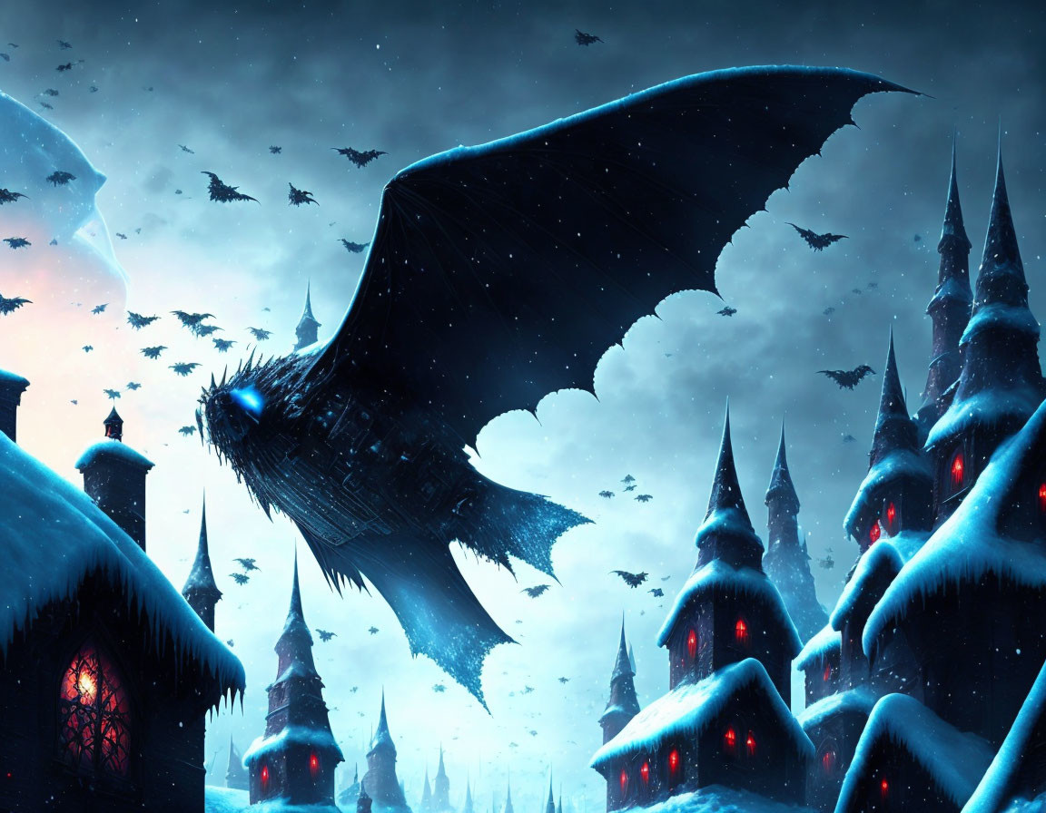 Gothic village with pointy-roofed structures under night sky, giant winged creature and