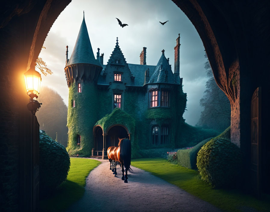 Twilight scene: horse-drawn carriage near vine-covered castle