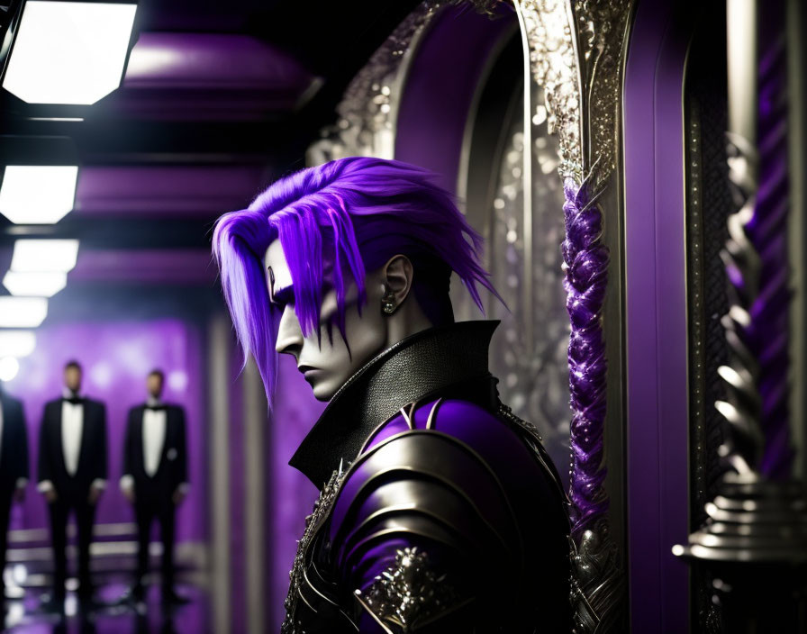 Purple-haired figure in armor in luxurious room with solemn-faced individuals in suits