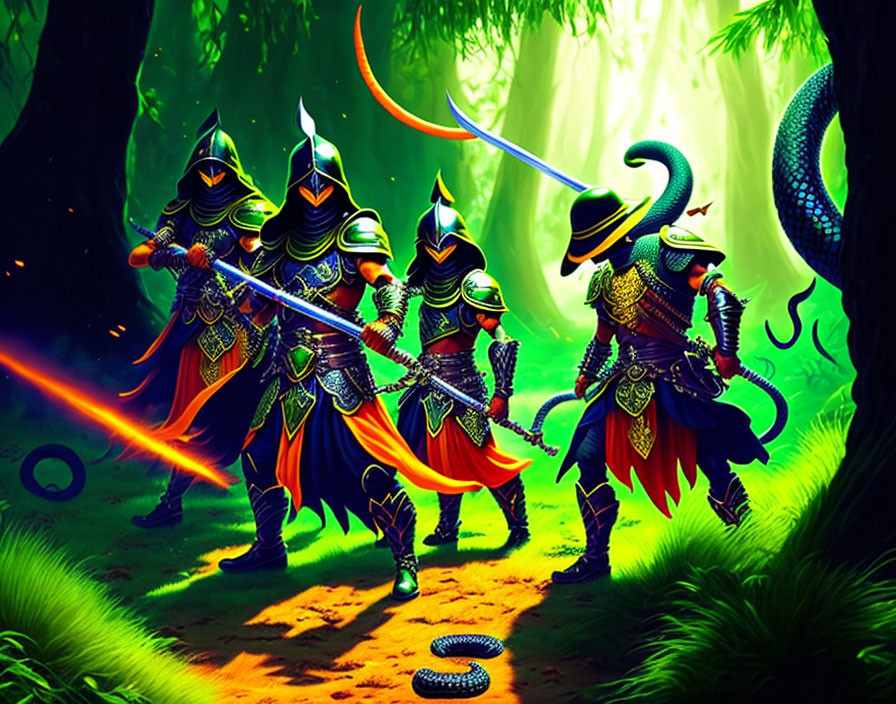 Armored warriors with swords in enchanted forest with vibrant flora and mystical serpent