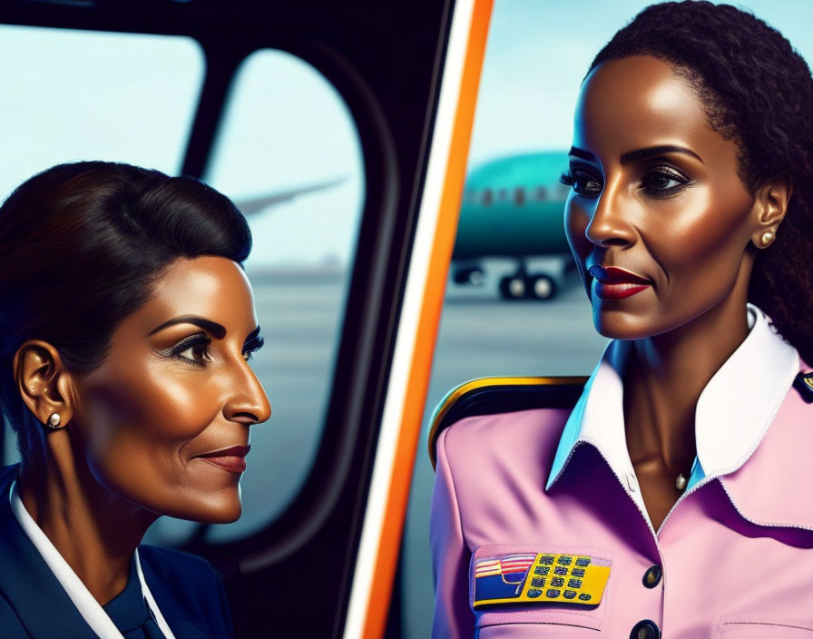 Stylized female flight attendants in uniform with airplane background