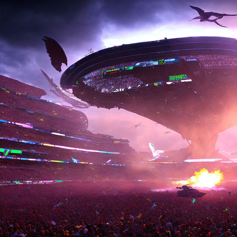 Futuristic sci-fi stadium with explosion, spaceships, and creatures