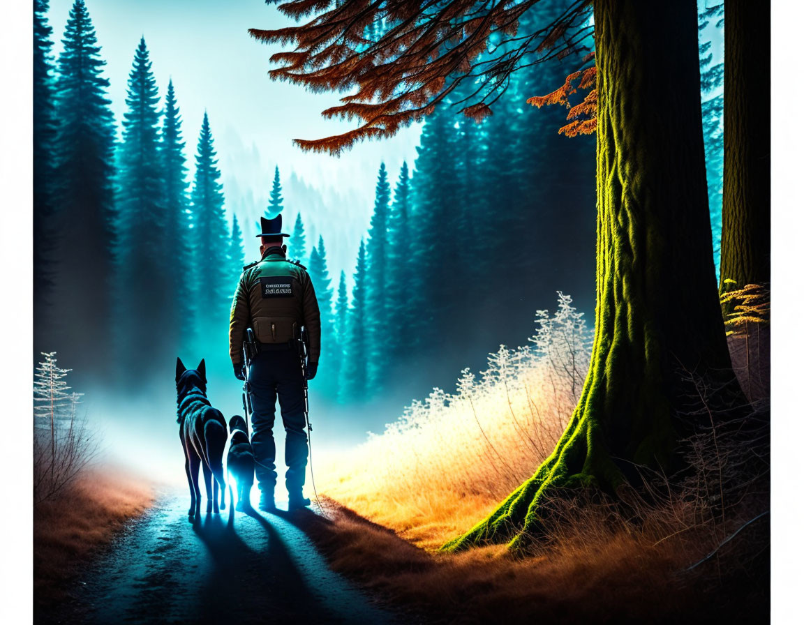 Ranger with two dogs in forest path under hazy blue light